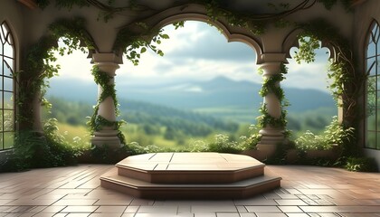 soothing nature scene with wooden podium for health-conscious promotions