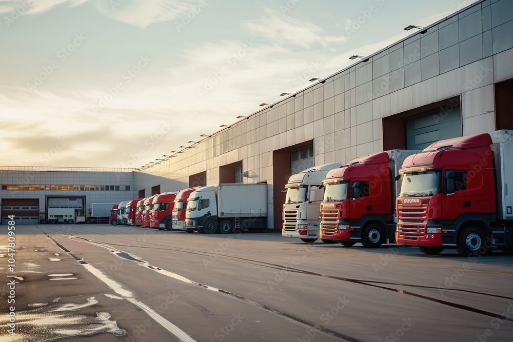 Aufkleber trucks and vans are lined up at a warehouse, prepared for loading as sunlight illuminates their surr