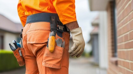 A construction worker geared with a toolkit and gloves examines a brick house, showcasing his readiness for building tasks and dedication to quality craftsmanship.