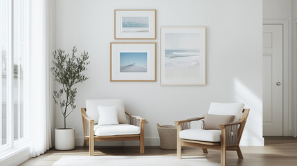 Modern living area with beach-themed wall art and soft seating