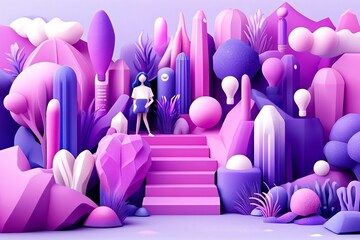 Obraz premium 3D Abstract Illustration of a Woman Standing on Pink Stairs in a Surreal Landscape with Li