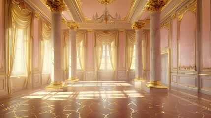 Sunlit Interior of a Grand Hall with Gold Trim and Pale Pink Walls