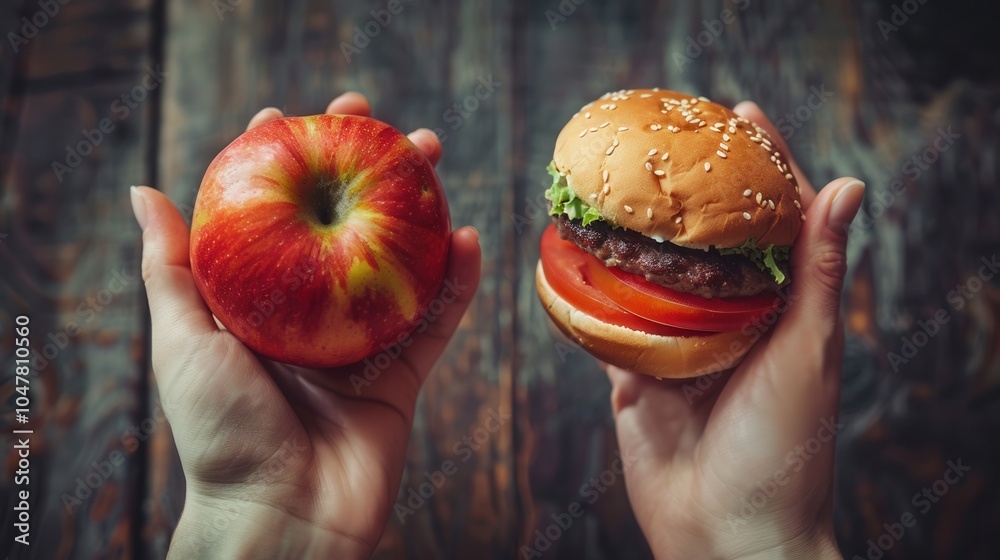 Poster a person displays an apple in one hand and a hamburger in the other, illustrating the choice between