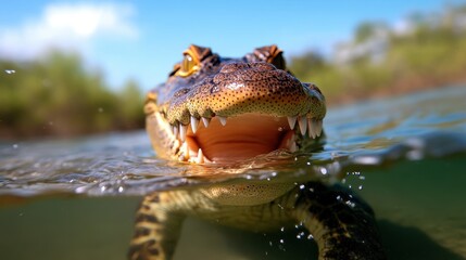 Obraz premium An intense close-up shot of a powerful crocodile gliding through the water, showcasing its sharp teeth and rugged skin, capturing the essence of danger and strength.