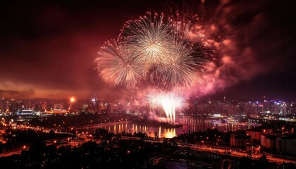 Naklejka premium New Year s fireworks exploding in a night sky over a cityscape, Festive, Vivid Colors, High Energy