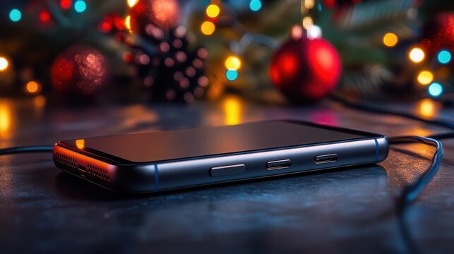 New gadgets debuting during the holiday season, with sleek designs and a festive backdrop, Modern, Bright, Detailed