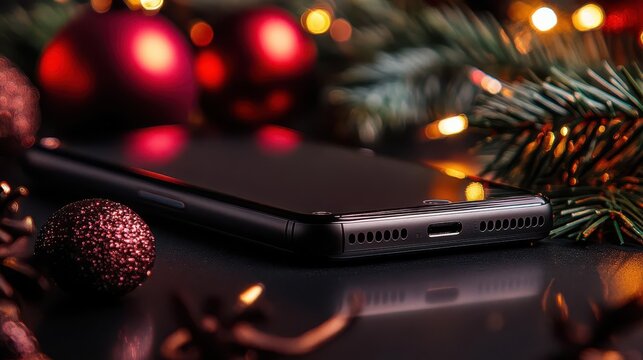 New gadgets debuting during the holiday season, with sleek designs and a festive backdrop, Modern, Bright, Detailed