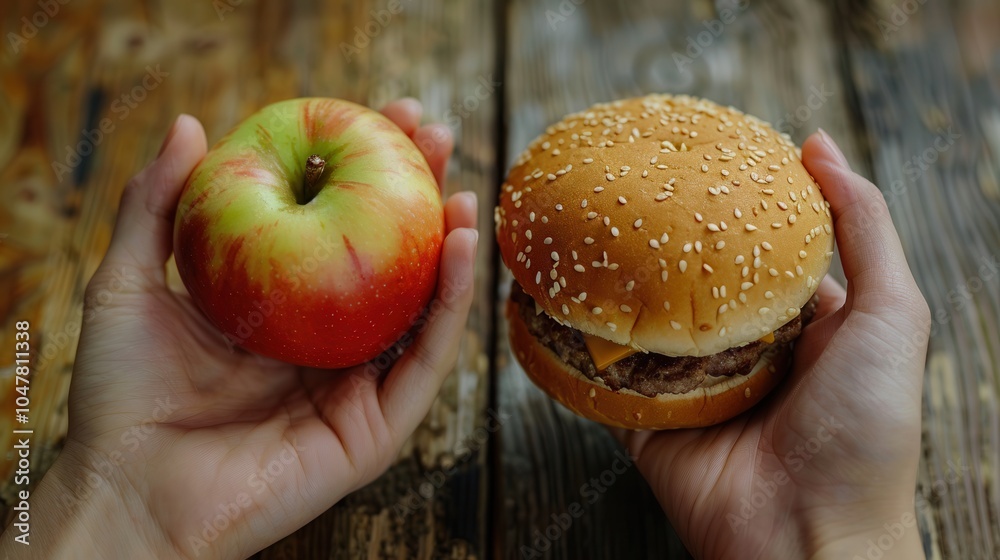 Aufkleber one hand holds a fresh apple while the other grips a hamburger, representing healthy versus unhealth