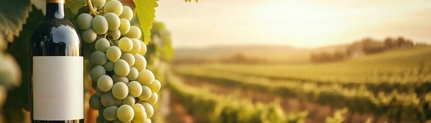 Close-up of a wine bottle next to a bunch of green grapes in a vineyard during sunset. Blurred vineyard background enhances the focus..