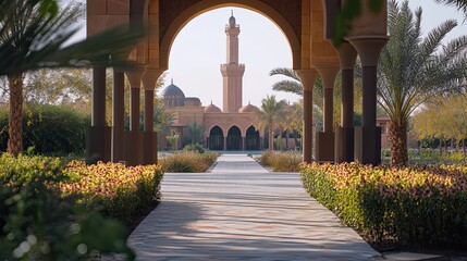 A paved walkway leads to a mosque with a minaret in the background, framed by an archway and lush greenery.