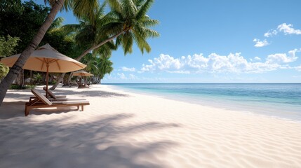 A peaceful sandy beach with sunbeds under the gentle shade of palm trees, inviting relaxation and leisure as the waves whisper in the background.