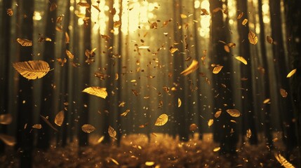 Obraz premium Golden leaves drifting from trees in a peaceful autumn forest, symbolizing the serene beauty and cyclical nature of life