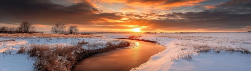 Fototapeta premium Winter sunset with vibrant colors painting the sky, and snow-covered fields below, Majestic, Warm Tones, Wide Shot