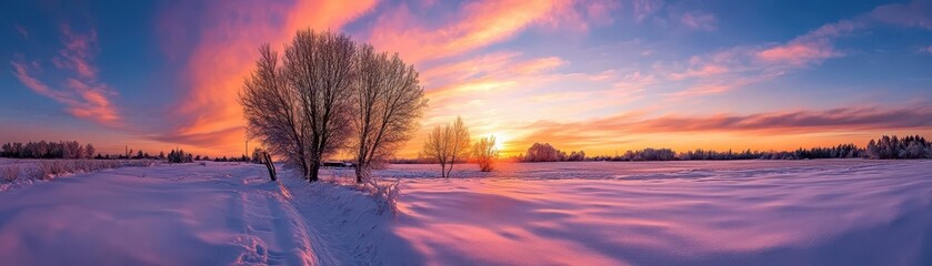 Winter sunset with vibrant colors painting the sky, and snow-covered fields below, Majestic, Warm Tones, Wide Shot