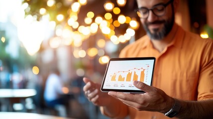 A man holds a tablet displaying an upward growth chart, sitting in a cafe with blurred lights, signifying business success and digital analysis. Modern ambiance prevails.
