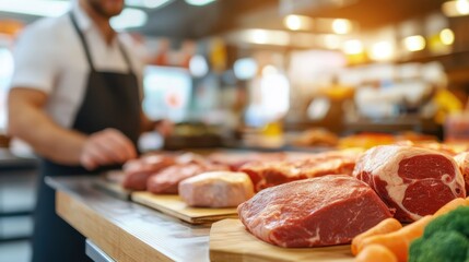 Warm lighting highlights a butcher preparing steak cuts on a wooden cutting board at the grocery store, setting an inviting tone amidst an organized meat display.
