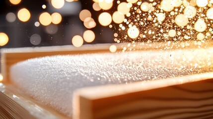 Polyurethane foam spraying into wooden frame, mist rising, glowing highlights, advanced insulation technology, realism, high-detail textures, soft light