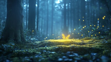 A lone firefly glowing softly in a dark forest, casting light on the mossy ground while its fellow insects are hidden in the unseen shadows