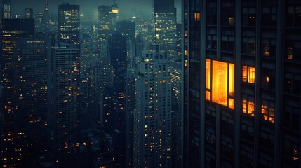 A lone illuminated window glowing in the midst of a towering, shadowy skyscraper, contrasting against the quiet, dimly lit night city