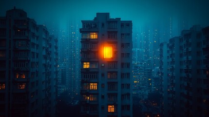 A lone illuminated window glowing in the midst of a towering, shadowy skyscraper, contrasting against the quiet, dimly lit night city
