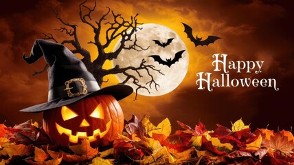 Happy Halloween with spooky pumpkin, bats, and autumn leaves creates festive atmosphere. full moon adds magical touch to this Halloween scene.