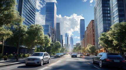 A wide shot of a bustling city street with tall skyscrapers on either side,  blue sky, fluffy clouds, and a line of cars driving down the street.
