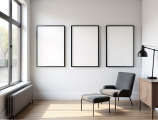 Scandinavian Interior Mockup Featuring Trio of Prints on Blank Canvas