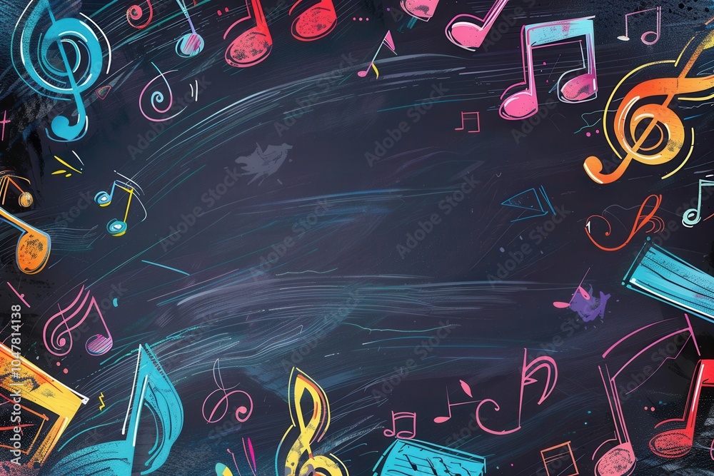 Fototapete A chalkboard filled with colorful paint strokes intertwined with various musical notes and symbols, creating an artistic atmosphere for expression. Generative AI