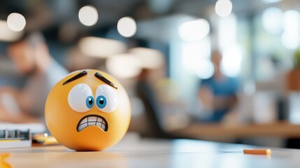 A stressed emoji ball sitting on a desk portrays anxiety and pressure within a modern office environment, depicting the anxieties of work and daily modern life.