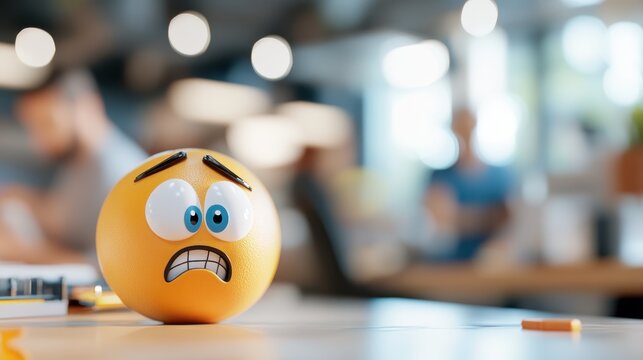 A stressed emoji ball sitting on a desk portrays anxiety and pressure within a modern office environment, depicting the anxieties of work and daily modern life.