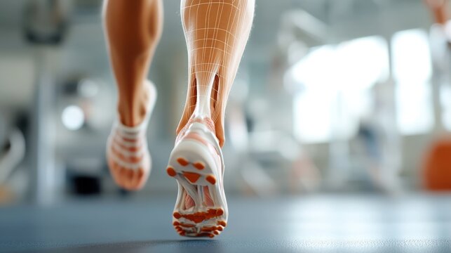 Illustration showcasing a 3D rear view of the detailed muscular and skeletal mechanics of the foot, emphasizing on anatomy and movement function.