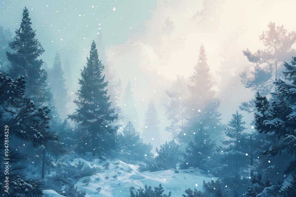 Aufkleber a serene winter morning in a forest filled with tall pine trees, blanketed in snow, while gentle sun