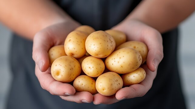 Human hands gently cradling a collection of freshly harvested potatoes, accentuating their natural size and texture, symbolic of growth and nurturing care.