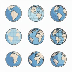 Earth globe Icon set. Set of nine simple Earth globe icons. JPEG file.