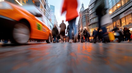 Obraz premium A dynamic city scene in motion, highlighting the busy street lifestyle as pedestrians and a taxi move briskly, emphasizing the urban hustle and energy.