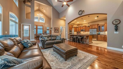 Modern Living Room with Leather Furniture and Kitchen View