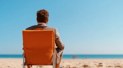 Fototapeta premium A man in a suit is seated on the beach, looking out toward the limitless ocean horizon, symbolizing peace, reflection, and introspective thought.