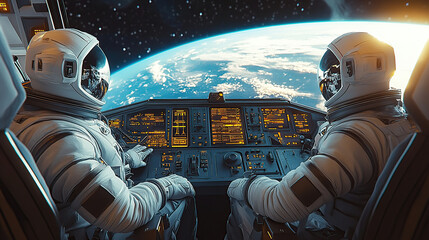 Two astronauts in space suits sit at the control panel of their spaceship