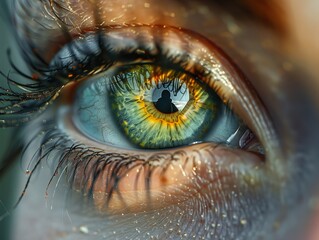 Captivating close-up of a human eye with a striking green iris reflecting a figure. Generative AI