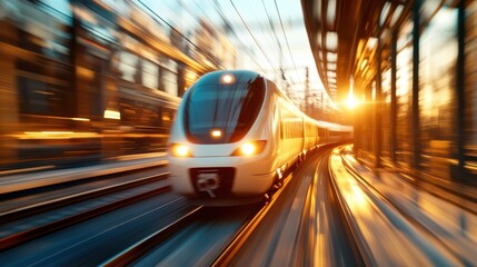 A modern high-speed train rushes along the tracks during sunset, creating a dynamic scene full of energy, speed, and the promise of travel and adventure.