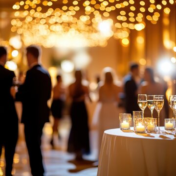 Guests attend a glittering evening event in an elegantly designed venue, adorned with sparkling decor and sophisticated lighting, creating a festive and glamorous vibe.