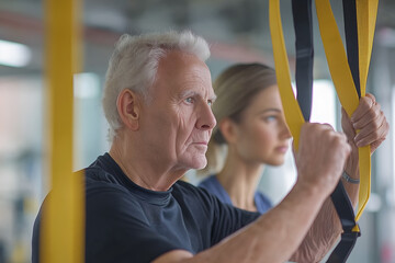 Obraz premium A trainer is teaching proper exercise to an old man who uses the fitness center during his free time after retirement.