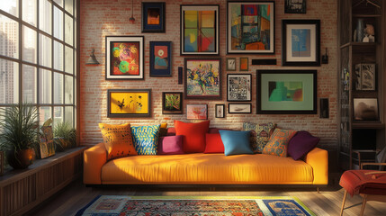 Bright loft living room with colorful gallery wall and orange sofa 