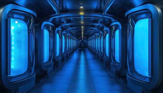 Long hallway lined with glowing blue cryogenic pods, futuristic lab, dramatic lighting, symmetrical composition - Powered by Adobe