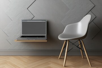 Fototapeta premium A white chair with wooden legs stands next to a laptop on a shelf against a grey textured wall.