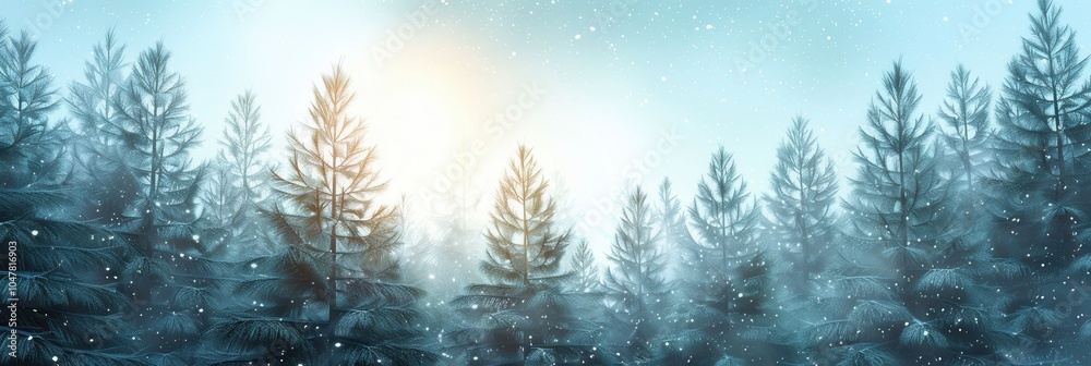 Poster tall pine trees are blanketed in fresh snow, as gentle sunlight peeks through the forest, creating a
