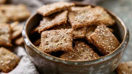 A closeup of a small bowl filled with glutenfree buckwheat crackers perfect for snacking on the go.