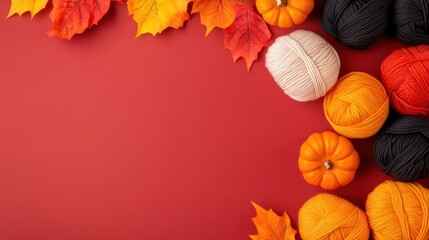 A collection of colorful yarn balls, including white, orange, and black, is artfully arranged with small pumpkins and autumn leaves on a red background for a festive impression.