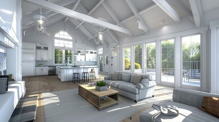 Modern Kitchen and Living Room with White Walls, Exposed Beams, and Large Windows