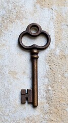 A single old brass skeleton key on a rough textured surface.